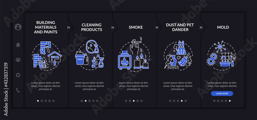 Domestic air pollutants onboarding vector template. Responsive mobile website with icons. Web page walkthrough 5 step screens. Dust, pet dander, paints night mode concept with linear illustrations