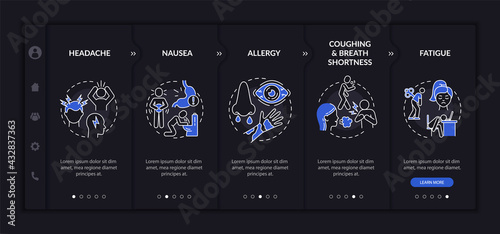 Air pollution disease diagnosis onboarding vector template. Responsive mobile website with icons. Web page walkthrough 5 step screens. Migraine, vomiting night mode concept with linear illustrations