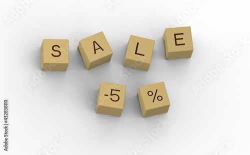 inscription from wooden cubes sale minus five percent. wooden cubes on a white background