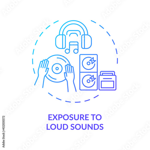 Exposure to loud sounds concept icon. Acquired hearing loss idea thin line illustration. Audio playing. Gunfire, fireworks. Noise-induced deafness. Vector isolated outline RGB color drawing