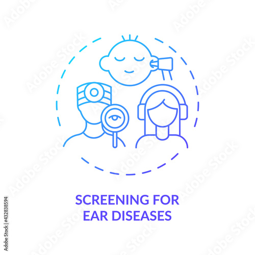 Screening for ear diseases concept icon. Regular children, infants checkup idea thin line illustration. Measuring nerves and brain respond to sounds. Vector isolated outline RGB color drawing
