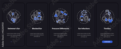 Common ear conditions onboarding mobile app page screen with concepts. Infections, tinnitus walkthrough 5 steps graphic instructions. UI, UX, GUI vector template with linear night mode illustrations
