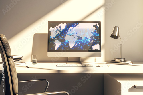 Abstract digital world map on modern computer monitor, big data and blockchain concept. 3D Rendering © Pixels Hunter