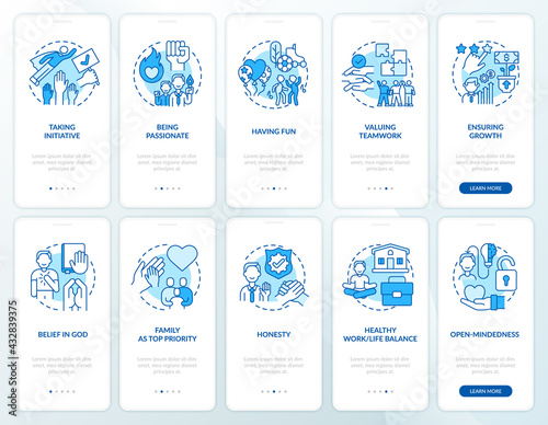 Personal, company morals onboarding mobile app page screen with concepts set. Passion, honesty walkthrough 5 steps graphic instructions. UI, UX, GUI vector template with linear color illustrations