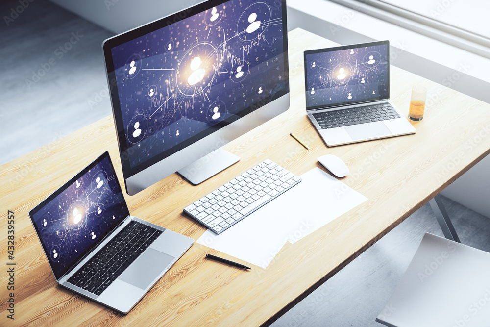 Social network concept on modern laptop screen. 3D Rendering Social network concept on modern laptop screen. 3D Rendering