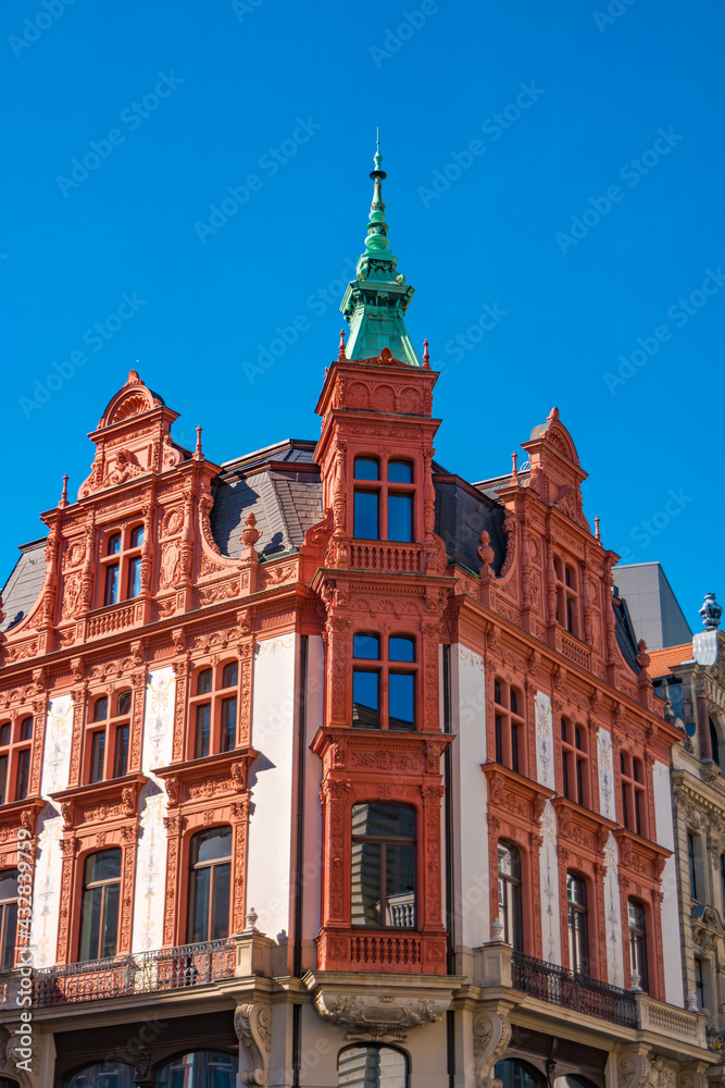 Cityscape of historical downtown in Leipzig at Spring, blue sky and sunny day, Germany
