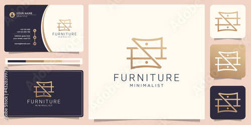 Minimalist furniture logo with chair for store. logo design style, line.abstract,interior,monogram,Furnishing design template illustration with business card. Premium Vector