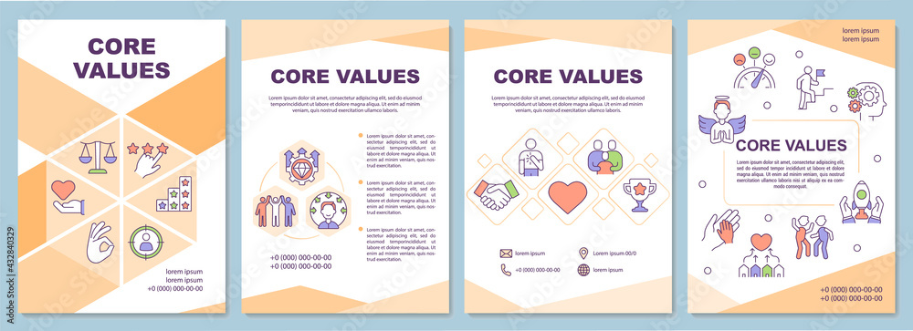 Core values brochure template. Personal ethics, ideals. Flyer, booklet, leaflet print, cover design with linear icons. Vector layouts for presentation, annual reports, advertisement pages