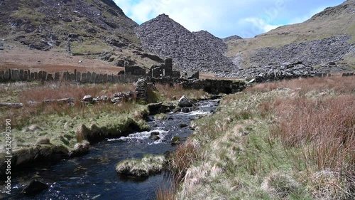 Llyn Cwmorthin tributary at the abandoned Cwmorthin Slate Quarry at Blaenau Ffestiniog in Snowdonia, Wales
