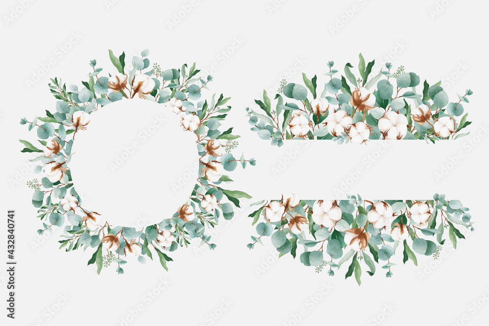 Fototapeta premium Watercolor bouquets with cotton and branches of eucalyptus