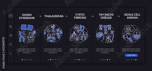 Common genetic diseases onboarding vector template. Responsive mobile website with icons. Web page walkthrough 5 step screens. Healthcare problem dark theme concept with linear illustrations