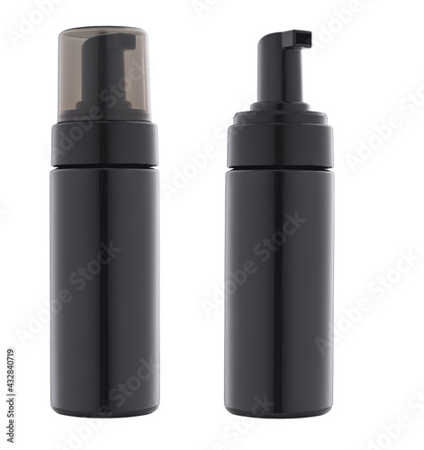 black plastic dispenser for cream or gel isolated on white background. Dispenser for cream, soups, foams and other cosmetics with lid and without.