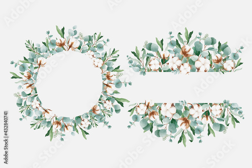 Watercolor bouquets with cotton and branches of eucalyptus