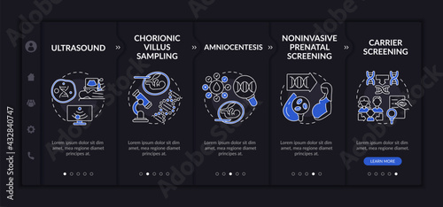 Genetic diseases testing onboarding vector template. Responsive mobile website with icons. Web page walkthrough 5 step screens. Health examination dark theme concept with linear illustrations
