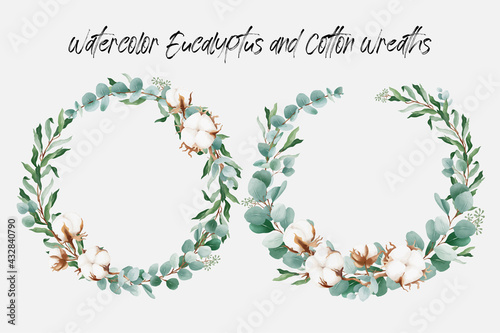 Watercolor floral wreath with cotton flower and eucalyptus leaves