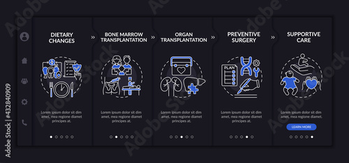 Genetic diseases health care onboarding vector template. Responsive mobile website with icons. Web page walkthrough 5 step screens. Medicine dark theme concept with linear illustrations