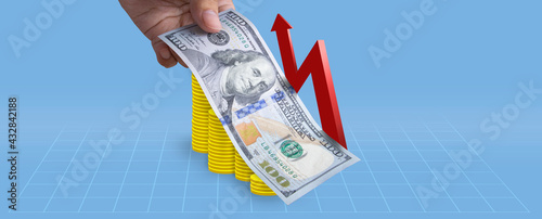 Successful money financial investment concept,100 Dollar bill lay on top of coins. Ideas for Investing with US stocks, funds, bonds or debenture with high return investments, US Inflation rates.
