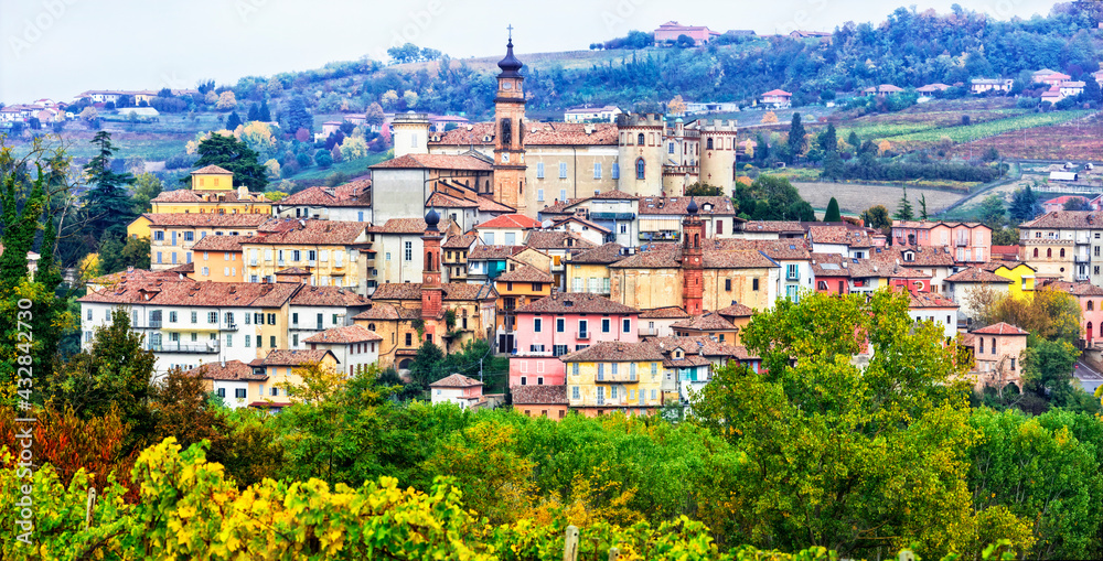Italian scenic medieval village(borgo) and castle - Costiglione d'Asti in Piedmont (Piemonte),famous region for wine making. Italy.
