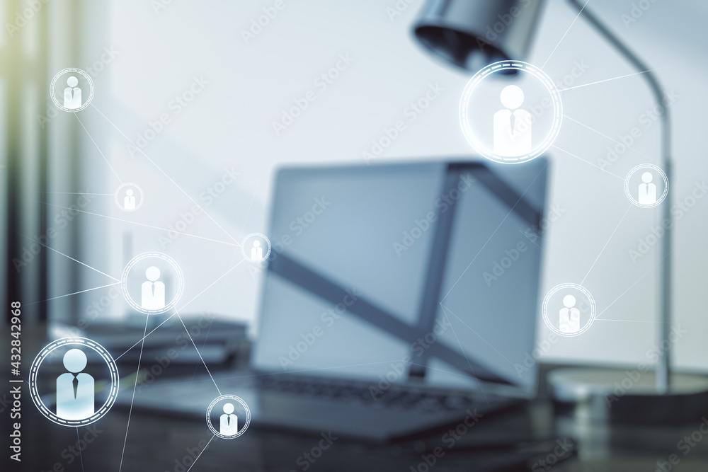 Double exposure of social network icons concept with modern laptop on background. Marketing and promotion concept Double exposure of social network icons concept with modern laptop on background. Marketing and promotion concept