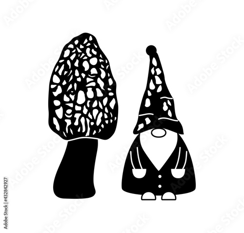 Cute cartoon gnome and mushroom. Funny elf. Black and white objects isolated on white background. Vector illustration.
