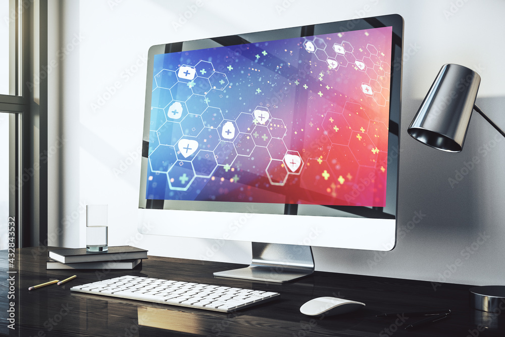 Modern computer monitor with creative abstract medical hologram. Healthcare technolody concept. 3D Rendering Modern computer monitor with creative abstract medical hologram. Healthcare technolody concept. 3D Rendering