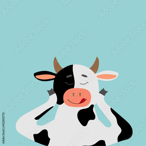 Funny cow with closed eyes. Cute cow dreaming. Cartoon character
