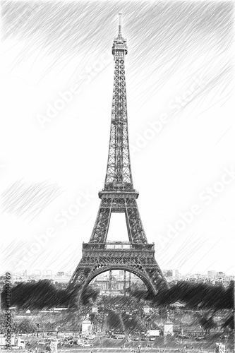 View of the streets of Paris and the Eiffel Tower. Sketch illustration.