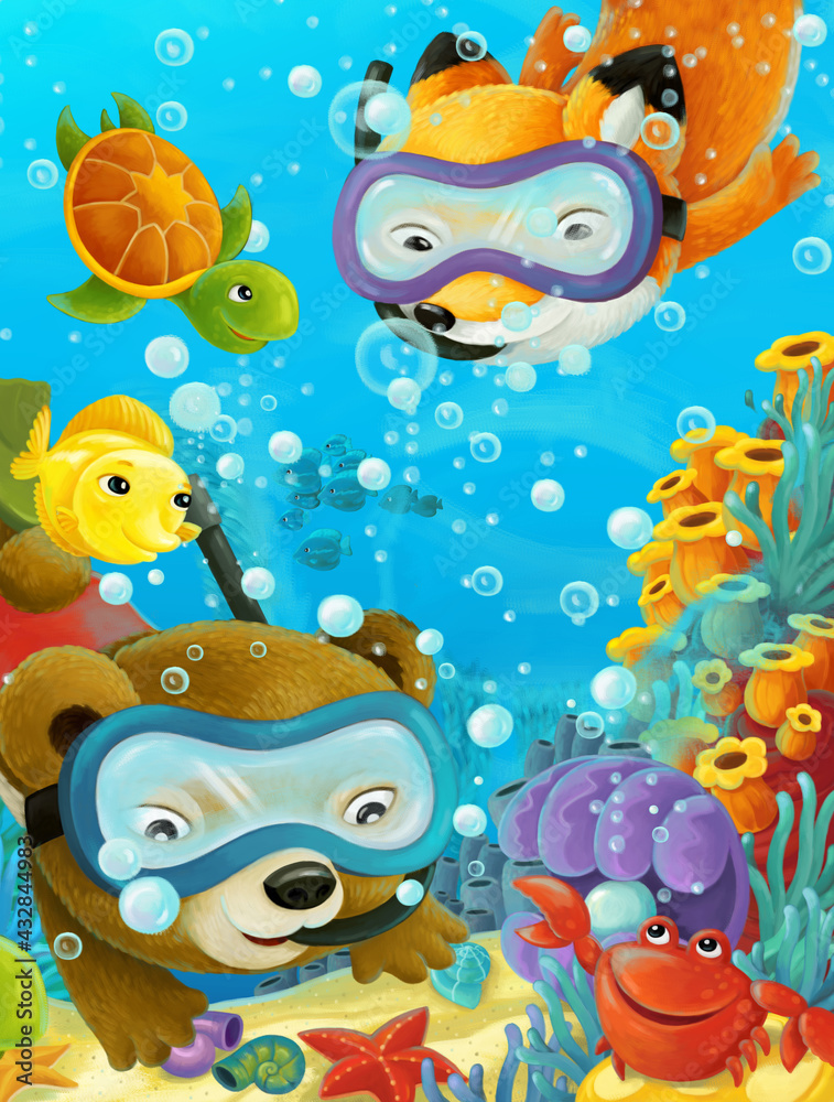 Obraz premium cartoon ocean scene coral reef forest animals diving