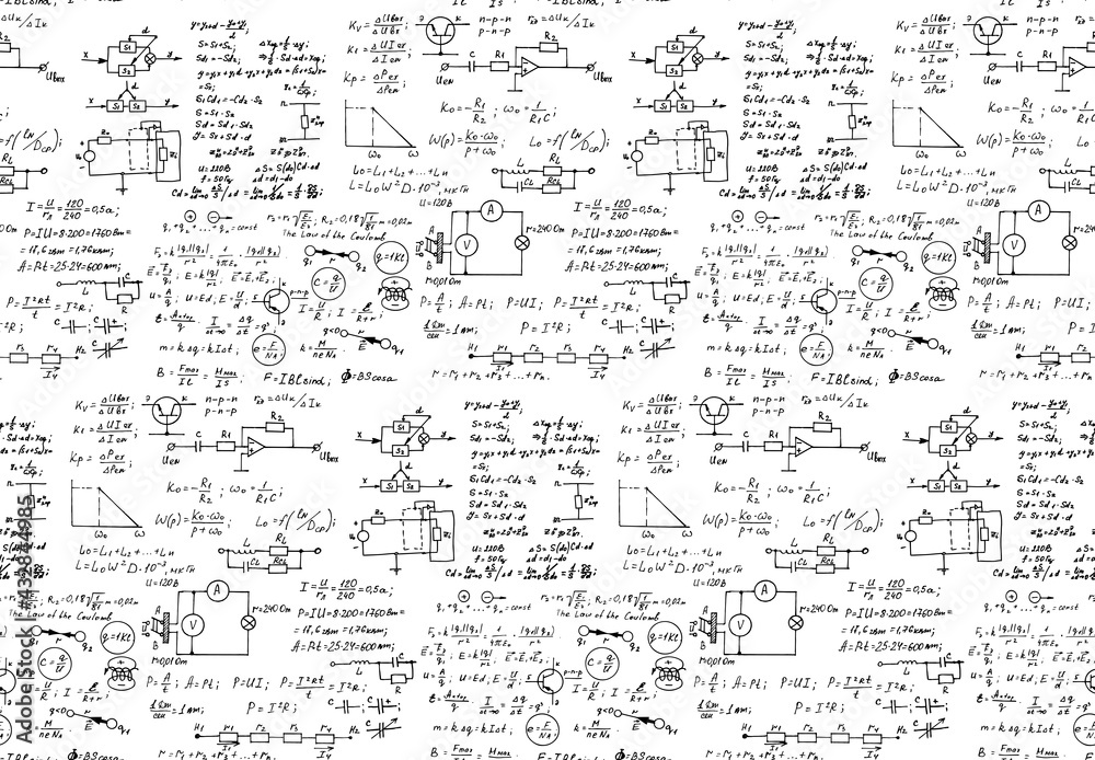 Physics, electronic engineering, mathematics equation, scheme and calculations, endless hand writing. Vector whiteboard. Technology seamless pattern.