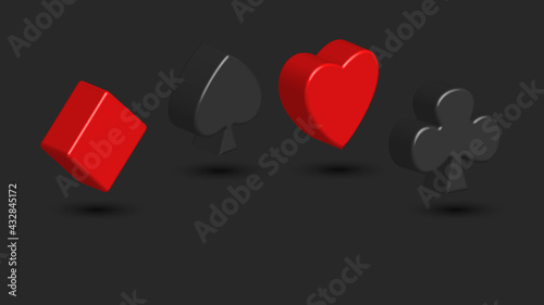 Suits of playing cards 3d creative shapes on a dark background, spades, diamonds, hearts, cross symbols of casino gambling blackjack or poker.