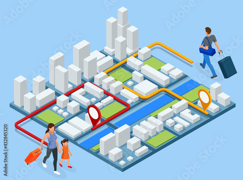 City app, traveling backpacker. Isometric gps navigation concept. Tourist traveling using his smartphone with previously saved favorite places on map.