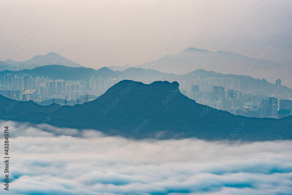 Idyllic landscape of natural landmark mountain Lion Rock in Hong Kong