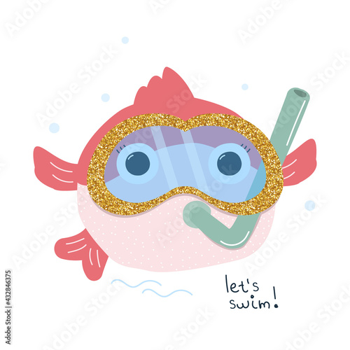 Funny fish with swimming mask. Summer kids graphic. Vector hand drawn illustration.