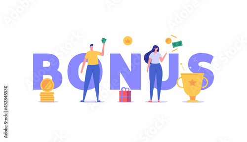 People getting an award and bonus money. Happy businessman receiving reward and standing near winner cup. Concept of money bonus, reward program, salary payment. Vector illustration in flat design.