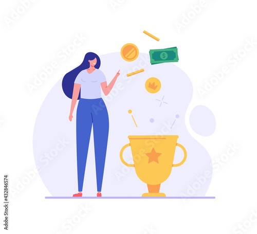 Woman getting award and bonus money. Happy business woman receiving reward and standing near winner cup. Concept of money bonus, reward program, cash back. Vector illustration in flat design.