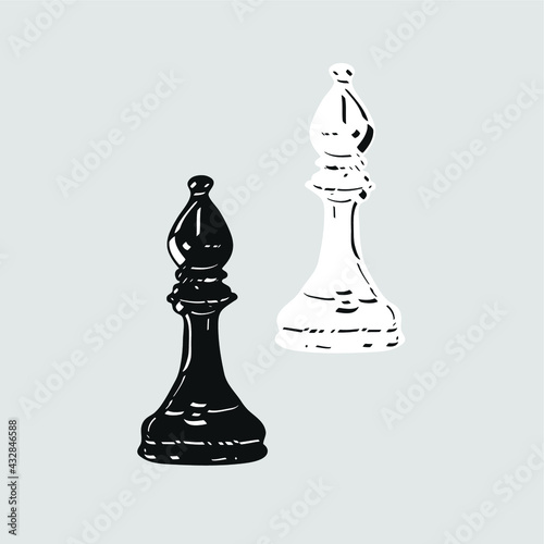 Hand drawn vector; White and Black chess pieces  (Bishop) isolated on gray background