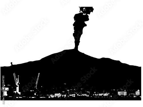 Immagine Vettoriale della città di Catania con il suo porto e le gru che lavorano e il vulcano etna fumante in eruzione che sormonta il tutto photo