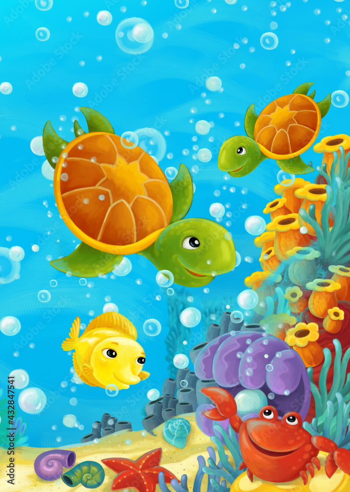 Obraz premium cartoon ocean scene coral reef forest animals diving