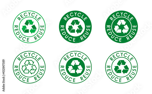 Reduce, reuse, recycle sign set. Ecology, zero waste, sustainability, conscious consumerism, renew, concept. Six different green recycle, reduce, reuse logos. Vector illustration, flat style, clip art photo