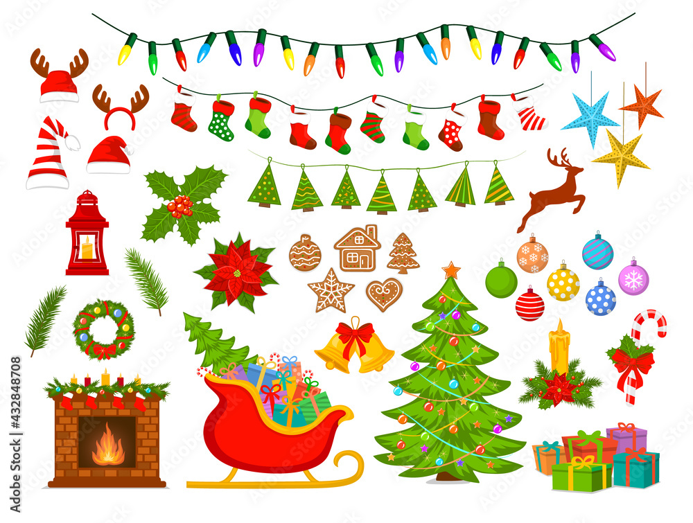 Naklejka premium Merry Christmas and Happy New Year, seasonal, winter xmas decoration items objects elements design set collection including christmas tree, santa sleigh with presents, fireplace with wreaths