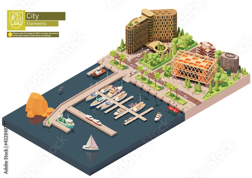 Vector isometric marina, sailboats and yacht harbor. City street, buildings and seaport. Docked or moored yachts, boats and speedboats near hotel building photo