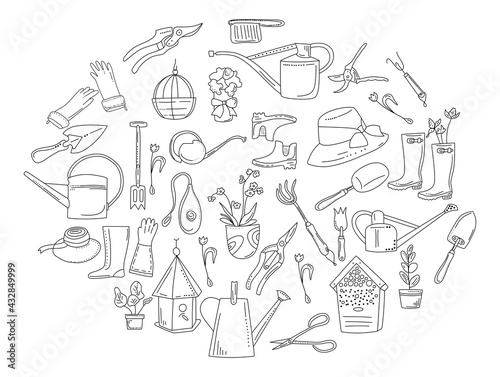 Gardening equipment and tools in doodle style. Hand drawn set for planting and seedling.Eco hobby.Illustration with pruner, watering can, clothes, trowel.Grow and cultivate flowers.Bee and bird houses
