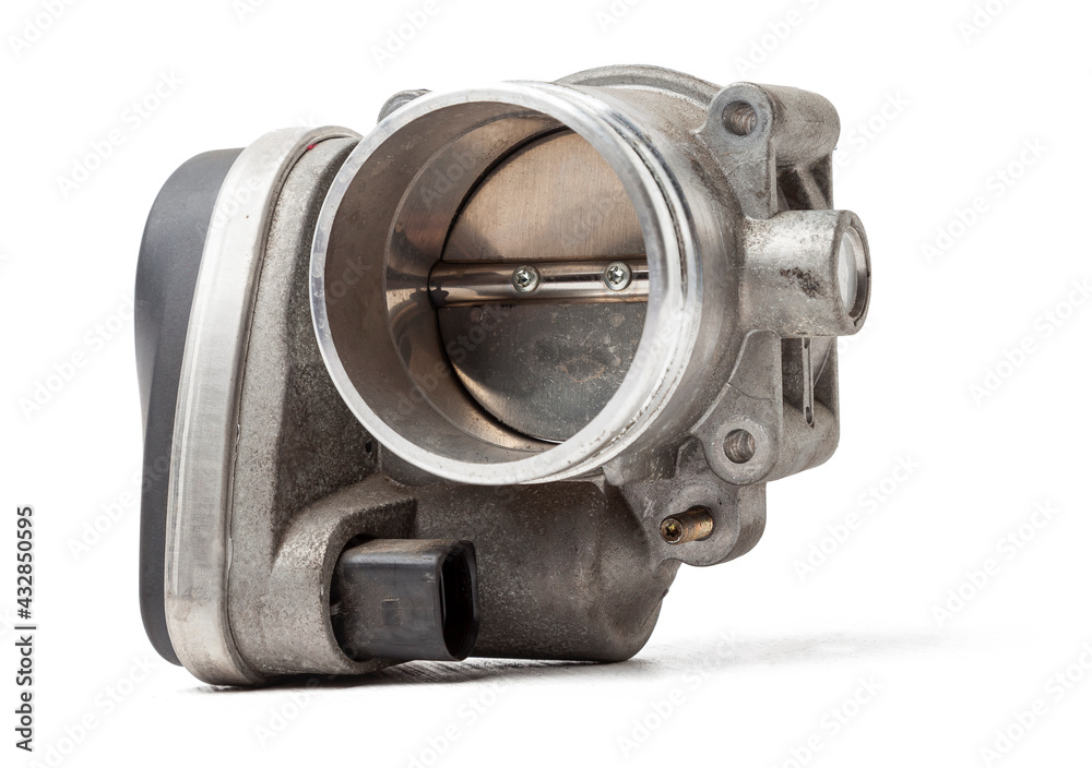 Obraz premium car part engine throttle valve opened by the gas pedal to supply more air to the engine. spare parts catalog for vehicles from the junkyard.
