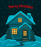 Happy New Year, Merry Christmas Eve and Night seasonal winter greeting card with decorated with led lights house in snow and pine trees