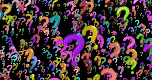 Many colored 3D question mark symbols, descend, on black background.