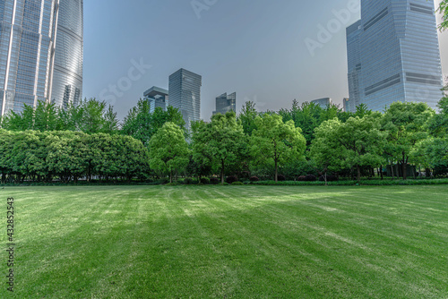 Lujiazui central park, green grass and modern skycrapers,  for background. © Zimu