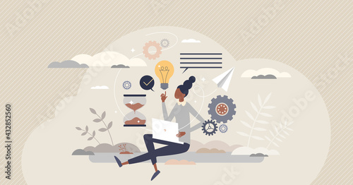 Productivity management or efficient performance planning tiny person concept. Workflow time and quality control for successful results monitoring and job tasks optimization vector illustration.