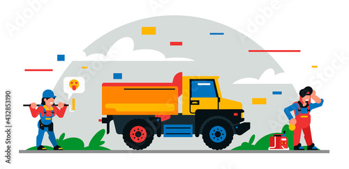 Construction equipment and workers at the site. Colorful background of geometric shapes and clouds. Builders, construction equipment, service personnel, truck, welder, painter. Vector illustration.