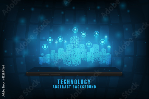 Vector digital hologram with concept smart city on the screen smartphone. Technology abstract blue background.