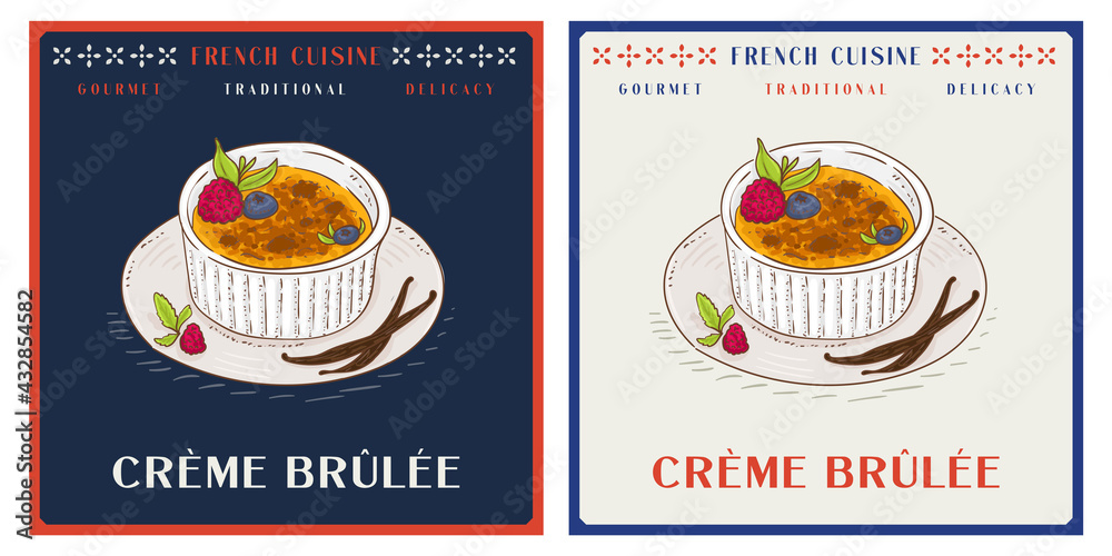 Vanilla creme brulee with berries french dessert served in ramekin ceramic bowl